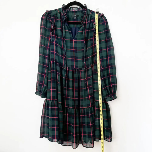 J.Crew Tie-Neck Tiered Dress Black Watch Tartan Plaid XXS Red Green Holiday - Picture 9 of 12